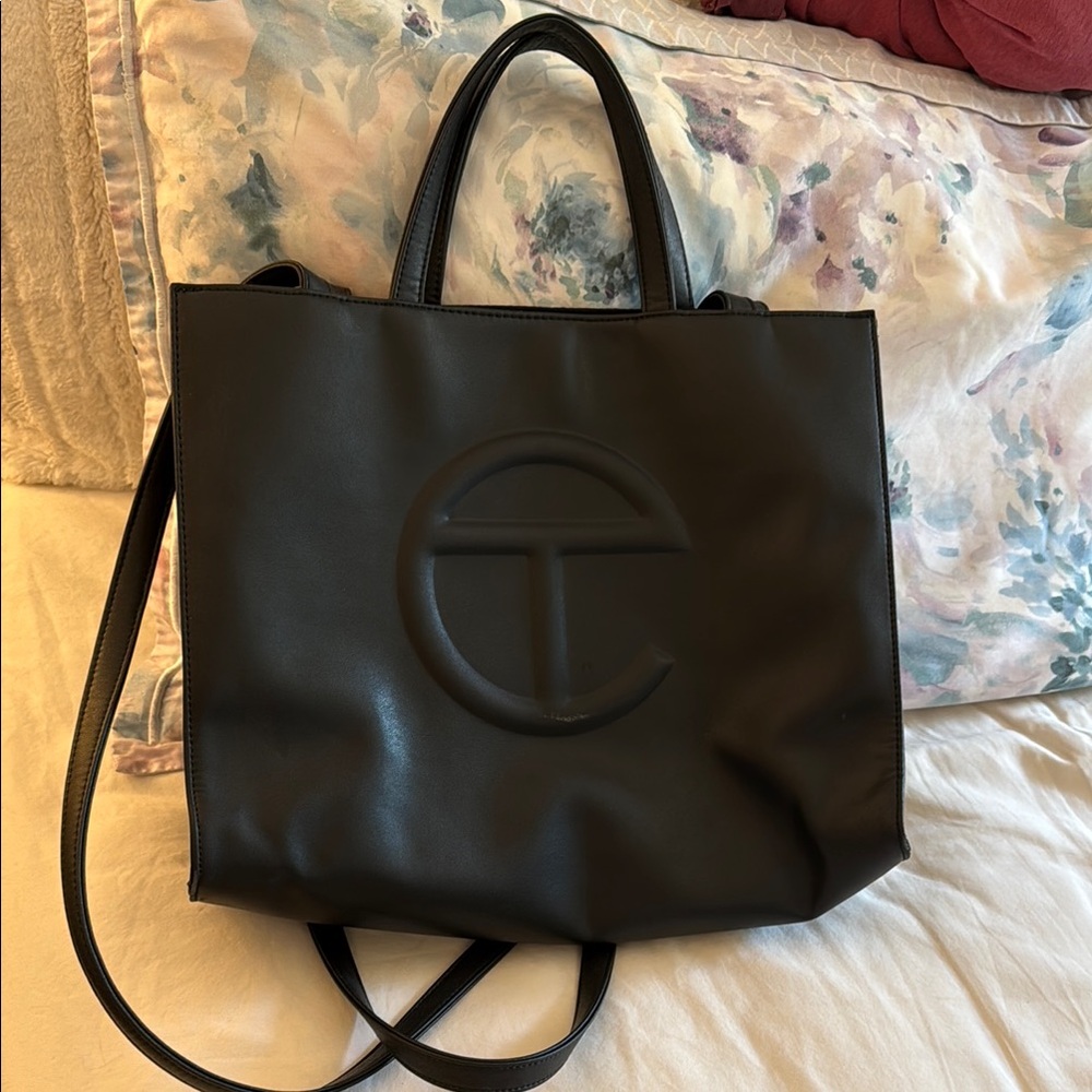 Telfar Black Vegan Leather Tote Bag with Embossed Logo